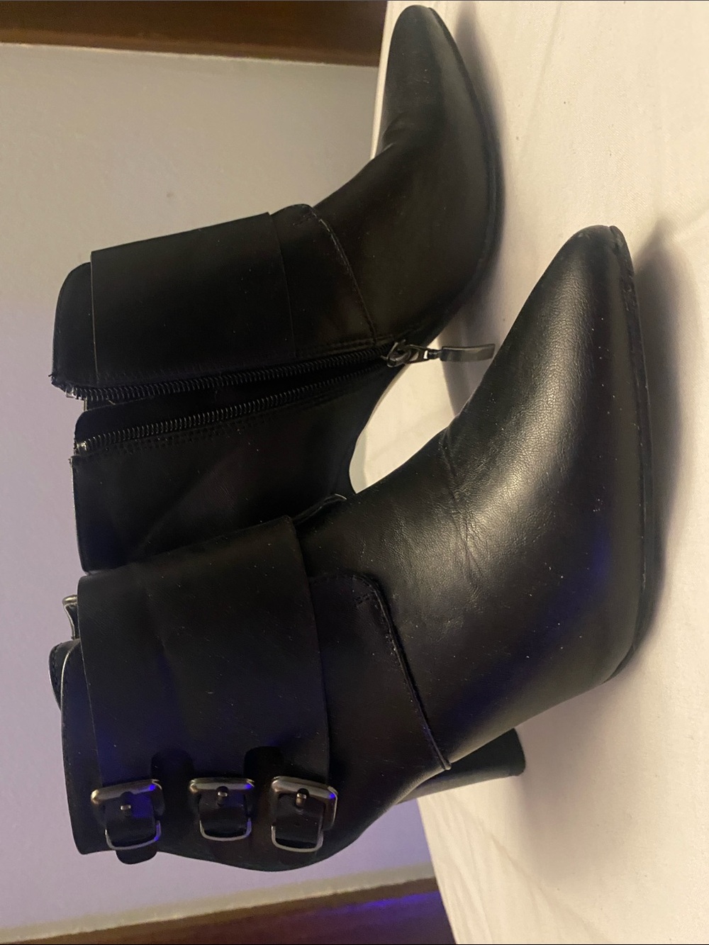 Women's Black Pointed Ankle Boots with Buckle Detail